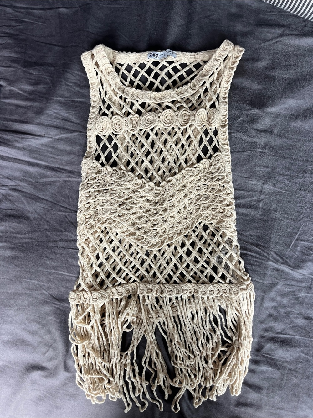Zara Natural Crochet Fringe Top